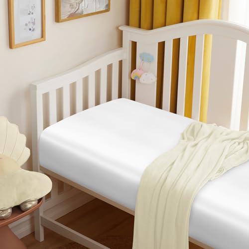 Image of Entisn 28x52 Satin Fitted Crib Sheet 2 Pack, White and Baby Pink | 8-Inch Deep Pocket Snug Fit, Silky Satin Protects Hair And Skin, No-Slip Reinforced Edges, Machine Washable Fade-Resistant