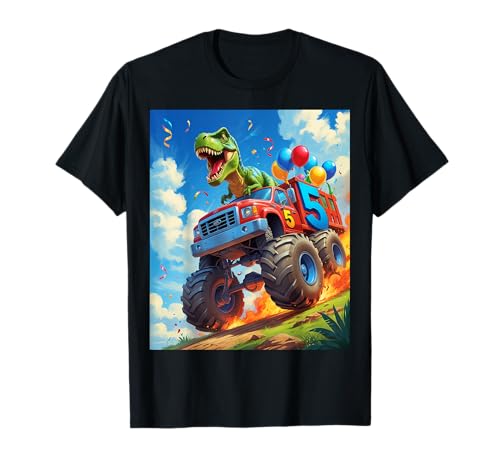 Dinosauro Monster Truck T Rex 5° compleanno Boy Party Balloons Maglietta