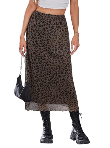 SOFIA'S CHOICE Midi-Röcke für Damen, elastisch, hohe Taille, A-Linie, fließender Blumenrock, Schwarzer Aprikosenleopard, Groß
