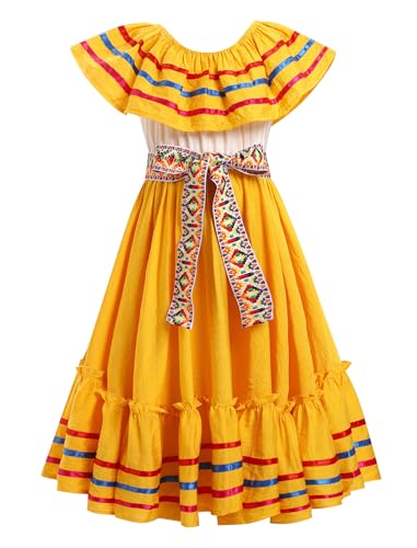 Opiniones de Ropa de Hípica para Niña Top 10. 44 Cinco De Mayo Fiesta Mexicana tradicional vestido drapeado con volantes y cinturón para niños y niñas, Amarillo, 7-8 Años