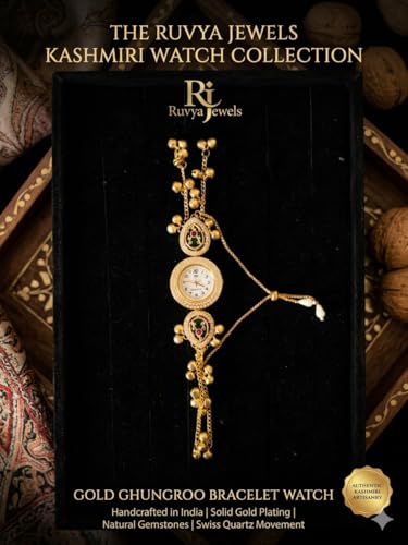 Image of Gold-Plated Kashmiri Bracelet Watch with Kundan Embellishments, Ghungroo Charms and Pearl Accents