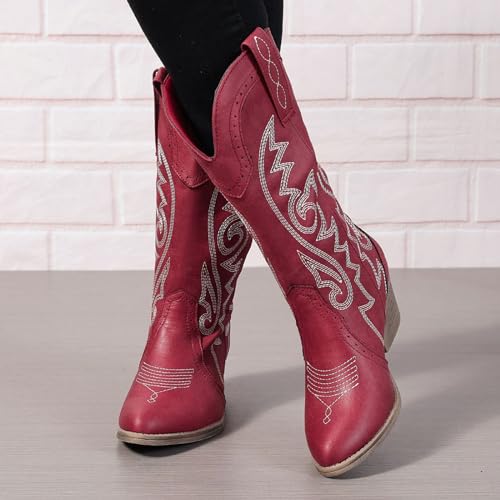Image of SelRoys Cowboy Boots for Women Cowgirl Mid Calf Western Pointy Toe Boots Embroidered Stitched Chunky Heel Red Brown US5-11