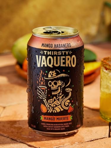 Image of Thirsty Vaquero, Mango Habanero Flavored soda (Mango Muerte), Mexican-inspired soda, Real Fruit Juice & Savory Spices, Made with Organic Agave, Low Calorie, Natural Juice, 12 oz Cans, 4-Pack