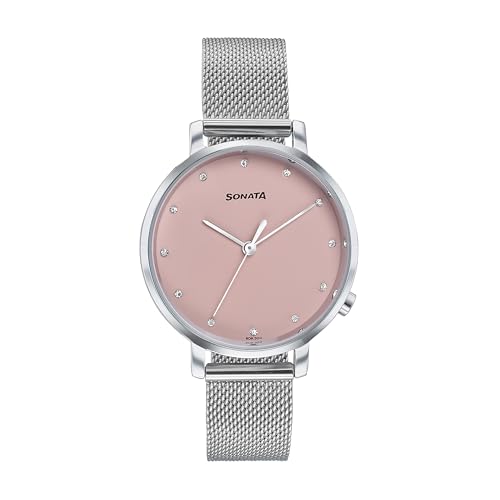 Image of Sonata Elegent Essentials Quartz Analog Pink Dial Stainless Steel Strap Watch for Women
