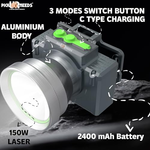 Image of Pick Ur Needs Chargeable Head Lamp with 3 Type LED Metal Body 200W Laser 3600 mAh Long Battery 5 hrs Torch Emergency Light (Silver)