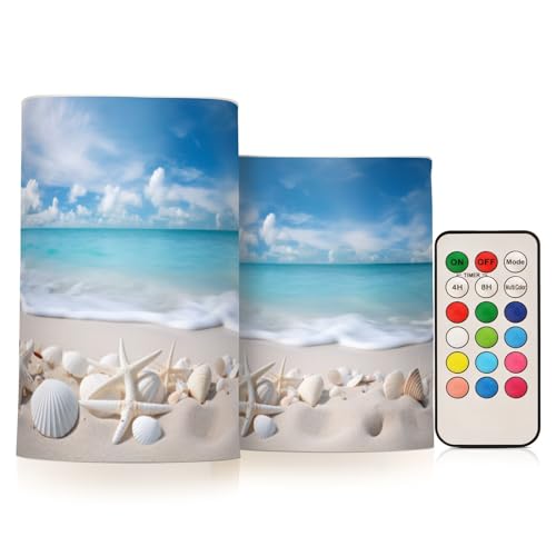 Image of Flickering Flameless Candles, Starfishes Seashells Beach Blue Sky LED Candles with Remote Timer, Set of 2 Battery Operated Candle for Valentine Wedding Birthday