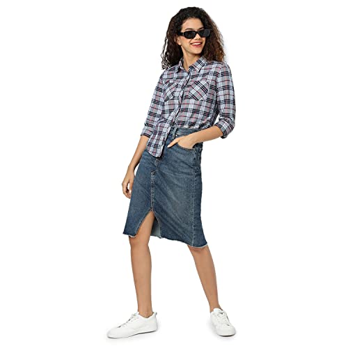 Image of PINACOLADA Women's Grey Tartan Plaid Button Up Regular Fit Shirt for Casual Wear | Spread Collar | Long Sleeves | Cotton Shirt Crafted with Regular Sleeve & Comfort Fit for Everyday Wear