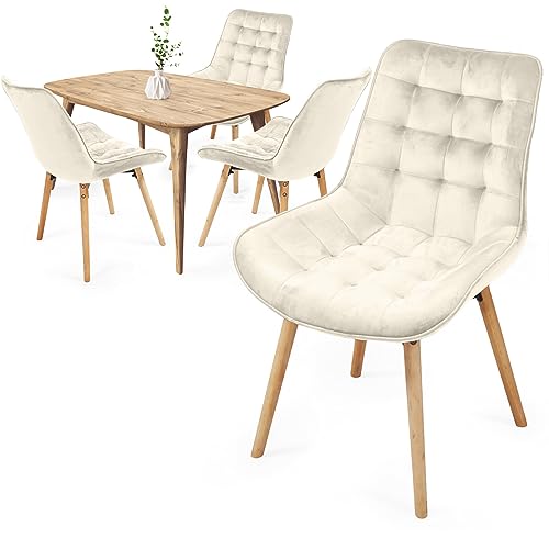 MIADOMODO® Silla de Comedor de Terciopelo - Juego de 2/4/6/8 Patas de Madera de Haya, Estilo Retro, Elección de Colores - Silla Escandinava para Salón, Dormitorio, Cocina, Oficina (Juego De 4, Beige)
