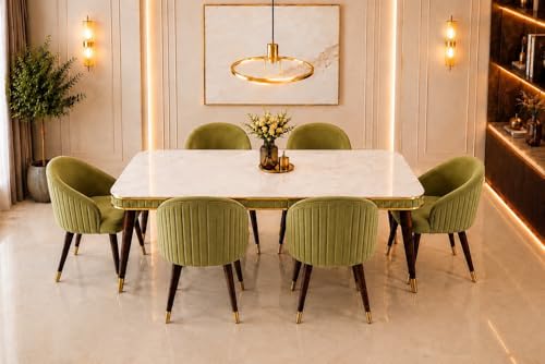 Image of WOODEN SPACE 6-Seater Wooden Dining Table Set | Nano Composite Marble Top | Solid Wood Base | Modern Dining Room Furniture with 6 Chairs (Light Green)