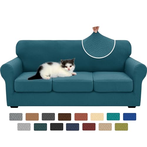 XINEAGE New 4 Pieces Couch Covers for 3 Cushion Couch Super Stretch Thick Soft Sofa Cover Anti Slip Sofa Slipcover Dogs Cats Furniture Protector (Peacock Blue, 71"-91")