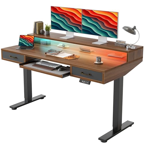 Image of TIQLAB Standing Desk with Two Drawers, Stand Up Standing Desk Adjustable Height, Electric Sit Stand Table with Storage Shelf and Splice Board, with LED Light, 55 * 28 inch, Black Walnut