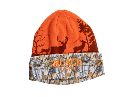 Calhoun Busch Light Blaze Orange Hunting Beanie – Warm Knit Winter Hat with Deer & Forest Camo Design