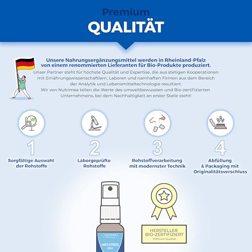 Anti-Stress Spray mit Sofort-Effekt - Gegen Innere Unruhe und Anspannung - Mit Mohnblume + Melisse für die Nerven, 20 ml - Pfirsichgeschmack - Nutrimea