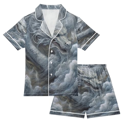 ALAZA Chinese Dragon Gray Cloud Satin Pajamas Set Short Sleeve Button Down Sleepwear Summer Pjs 2 Piece