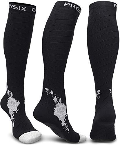 Physix Gear Sport Calcetines de compresión, los Mejores Calcetines compresión Mujer y Hombre para el Dolor de pies y Gemelos, Medias de compresión Hombre y Mujer, 1 par, S/M, Flor Negro/Gris