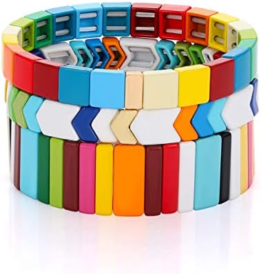 LENOOCLE Rainbow Enamel Tile Bracelet Colorful Enameled Beaded Stretch Bracelet Stackable Color-Block Strand Bracelet Set for Women Men (Rainbow light)