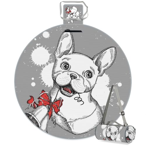 Shimoshe French Bulldog Picnic Outdoor Blanket Foldable Waterproof Sandproof Beach Blanket Portable Water-Resistant Round Picnic Mat for Travel Camping Park Lawn