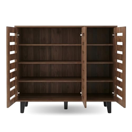 Image of Metro Three Door Engineered Wood Shoe Cabinet | Spacious Shoe Rack with Ventilated Slatted Doors | Modern Shoe Storage Organizer for Entryway, Hallway & Living Room | Walnut Finish