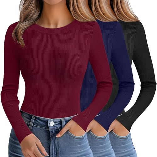 Image of Ficerd 3 Pack Women's Sweaters Crewneck Long Sleeve Ribbed Knit Sweater Slim Fit Pullover Tops Basic Sweater