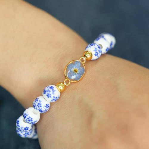 Moluonaqi Handmade Blue And White Porcelain Bead Bracelet With Pressed Forget-Me-Not Flower thumb #5