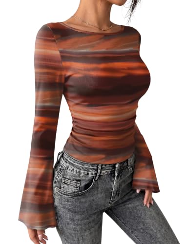 WIHOLL Womens Bell Sleeve Tops Y2k Going Out Cowgirl Outfits Tie Dye XXL — view 4