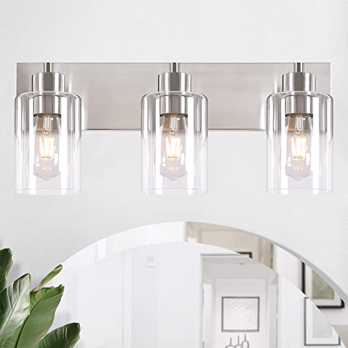 3 Light Bathroom Vanity Light Fixtures Bathroom Lights Over MirrorInterior Bathroom Lighting Fixtures with Modern Glass ShadeBrushed Nickel