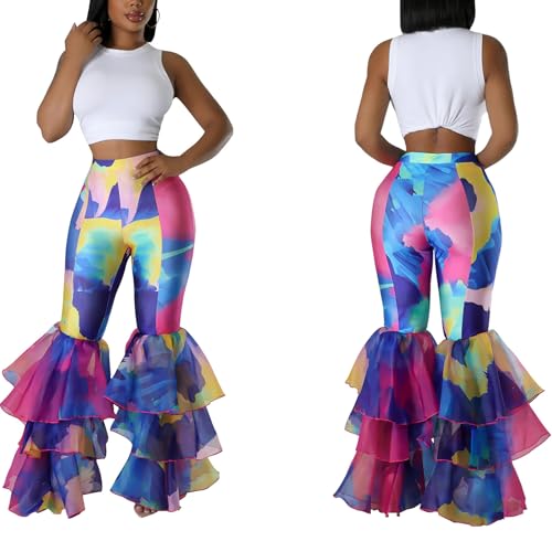 Women's Multi Ruffle Hem Flared Pants Printed High Waisted Bell Bottoms Fashion Trousers Bodycon Pants4
