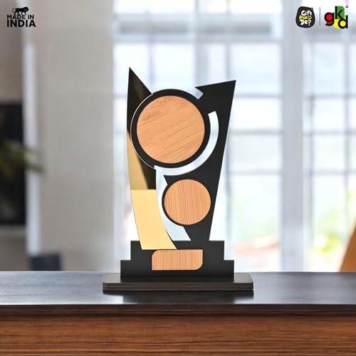 Image of GKD Wooden Trophy with Golden Acrylic | Self-Customizable Sticker Award /Memento for Events, Corporate Gifting, School Functions & Achievements (Inspire Innovation - Self)