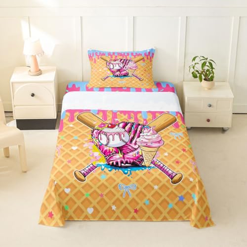 Image of Castle Fairy Baseball Cream Bed Sheets Twin Size,Ball Dessert Cherry Plaid Easy Wash Bedding Set,Kawaii Sport Game Kids Room Decor,Pink Bule Yellow Sheet(Fitted+Flat+1 Pillowcase)