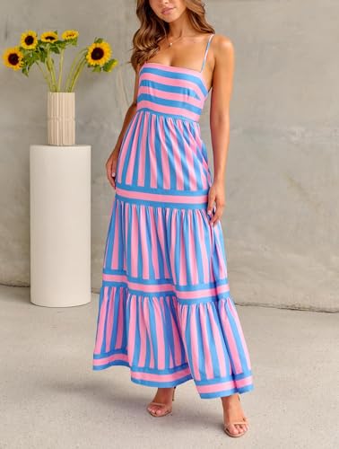 Image of Women Spaghetti Strap Flowy Long Dress Boho Floral Square Neck Maxi Dress Summer A-Line Dresses for Beach Vacation