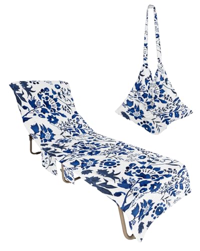 Blue Spring Floral Beach Lounge Chair Towel Cover, Soft Chaise Lounge Towel with Side Pockets Patio Pool Chairs Cover for Beach/Pool Sunbathing 29x85 Watercolor Elegant Summer Botanical Flowers