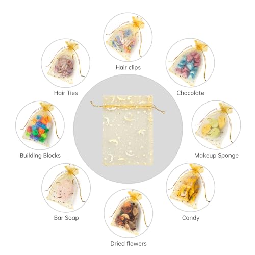 Image of YHJZ 100PCS Moon Star Organza Bags, 4x6 inches (10x15cm) Small Mesh Bags Drawstring, Jewelry Gift Pouches for Wedding, Party, Festival, Makeup Organza Favor Bags (Gold)