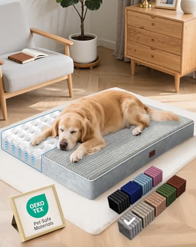 OhGeni 41 Inches Orthopedic Waterproof & Machine Washable Dog Bed for Large Pets, Suitable for Crates, 25D Egg Crate Foam, Non-Slip Bottom & Removable Cover(Gray)