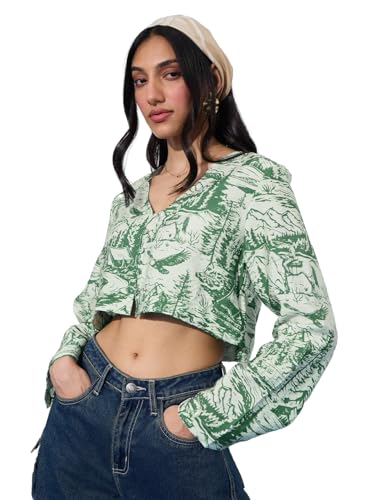 Image of The Souled Store Crop-Top: Green Forest Women and Girls Long Sleeves V Neck Button Front Green All Over Printed Viscose Blend Regular Fit Cropped Tops