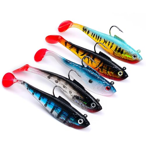 Fhioevt 5 Piezas Señuelos Pesca Silicona Suave Señuelos Jig Artificiales de Pesca Mar 11cm Señuelos de Pesca 3D Cebos de Pesca Paddle Tail Señuelos para Lubina Lucio Carpa Trucha (24,6 g)