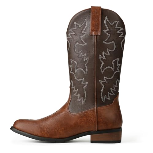 Image of femflame Cowboy Boots for Men Round Toe Distressed Work boots Embroidered Western Boots Traditional Country Boot