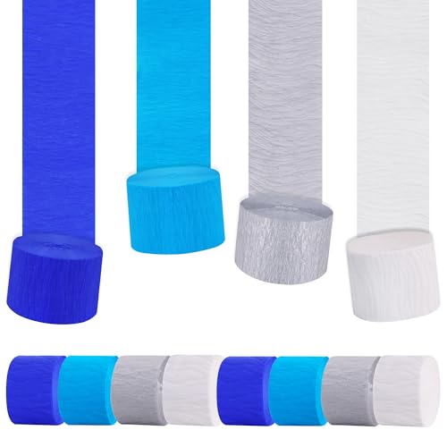 BEISHIDA 8 Rolls Blue Silver White Crepe Paper Streamers for Men Birthday Graduation Party Decorations Baby Shower DIY Craft Paper(1.8 Inch x 82 Ft/Roll)