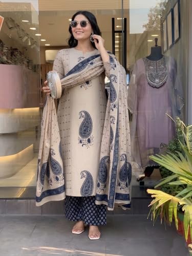 Image of Nermosa Women's Pure Viscose Block Printed Ethnic Wear Straight Kurta Set with Palazzo Pants & Dupatta | Kurta Set for Women | 3 Piece Set