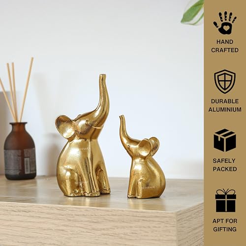 Image of BEHOMA Aluminium Elephant Set of 2 Decorative | Elegant Modern Tabletop Art for Living Room, Office, Bedroom, Shelf Display | Home Decor Accent (Large + Medium)