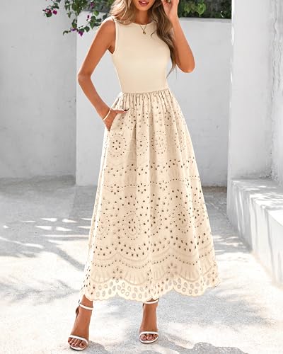 Image of dowerme Women Summer Dresses 2026 Casual Sleeveless Crewneck A-Line Boho Lace Eyelet Cotton Tank Maxi Dress with Pockets