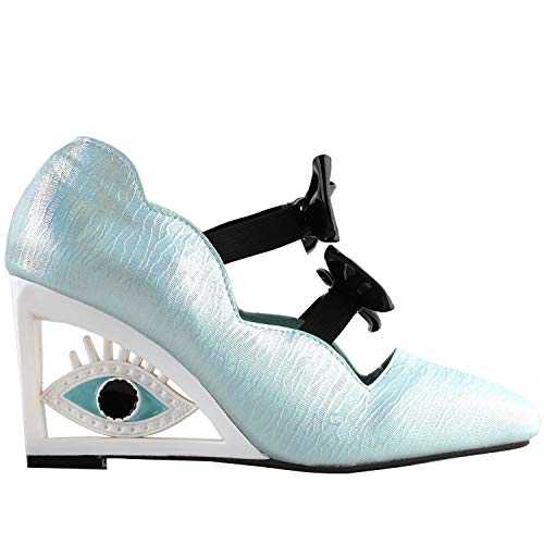 SHOW STORY Vintage Blue Bows Square-Toe Wedge Eye Shape High Heels Pumps,LF10805