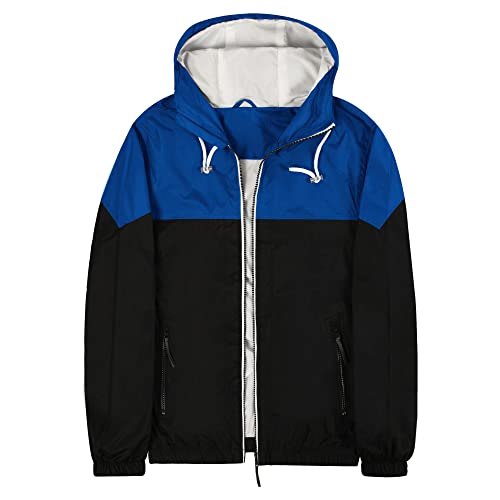 Madhero Mens Windbreaker Jackets Colorblock Hooded Water-Resistant Lightweight Wind Breaker Blue Black Size M #TOP12