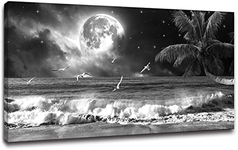 Yxbhhym Black and White Ocean Wall Art Moon Sea Beach Canvas Print Art Ocean Paintings Seascape Poster Wall Pictures Landscape Palm Artwork for Wall Living Room Decor Framed-20x40inches