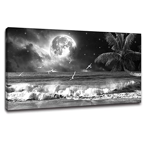 Yxbhhym Black And White Ocean Wall Art Moon Sea Beach Canvas Print Art Ocean Paintings Seascape Poster Wall Pictures Landscape Palm Artwork For Wall Living Room Decor Framed-20X40Inches #TOP9