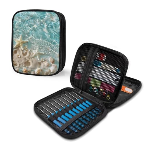 Image of Crochet Hook Case Beach Starfish Crochet Hook Holder Portable Crochet Hook Storage Bag with Web Pockets Suitable for Crochet Needles /Knitting Accessories