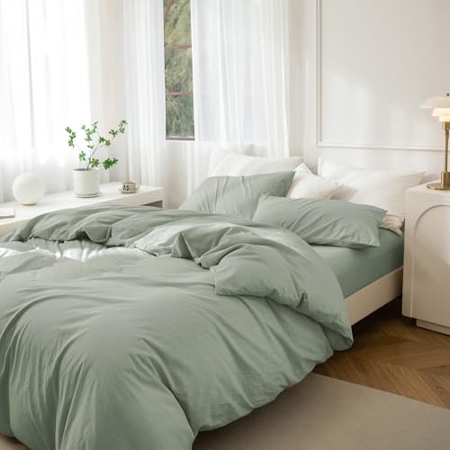 JIYUAN 100% Washed Cotton Duvet Cover Set 3 Pieces Super Queen, 1 Duvet Cover 90x98 Inches(Comforter Not Included) and 2 Pillowcases,Linen Feel Bedding Set Comfy and Breathable, Heathered Sage Green
