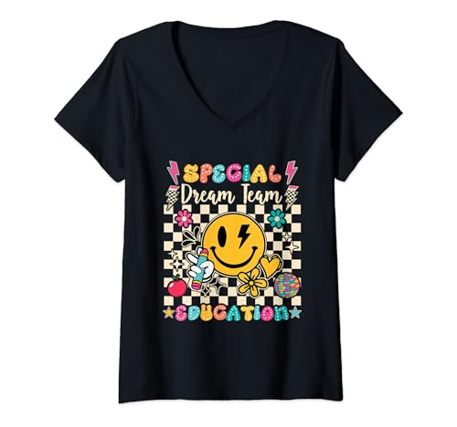 Womens Retro Special Education Squad Groovy Dream Team Teacher V-Neck T-Shirt