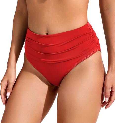 Image of COCOPEAR Full Coverage Bikini Bottoms for Women Mid Rise Bathing Suit Bottoms for Women Ruched Tummy Control Swim Bottoms