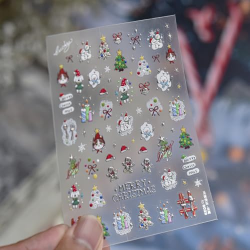 Image of Christmas Nail Stickers Decals Gingerbread Man Nail Art Stickers Design | Tree & Hat & Snowman Nail Decals for Nail Art 5D Embossed Self Adhesive Nail Charms for Women Holiday Nail DIY Decoration