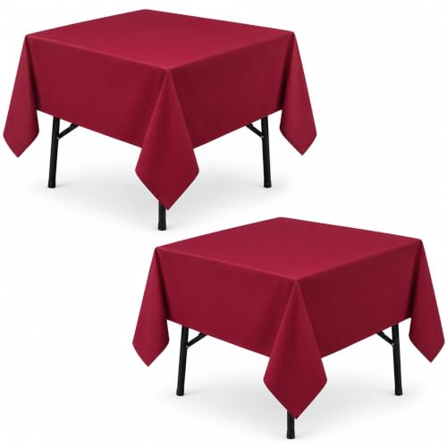 Image of 2-Pack 60x60 inch Burgundy Table Cloths, Solid Stain and Wrinkle Resistant Tablecloth, Premium Plain Weave Polyester Fabric Rectangle Table Linen Covers for Hotel, Banquet